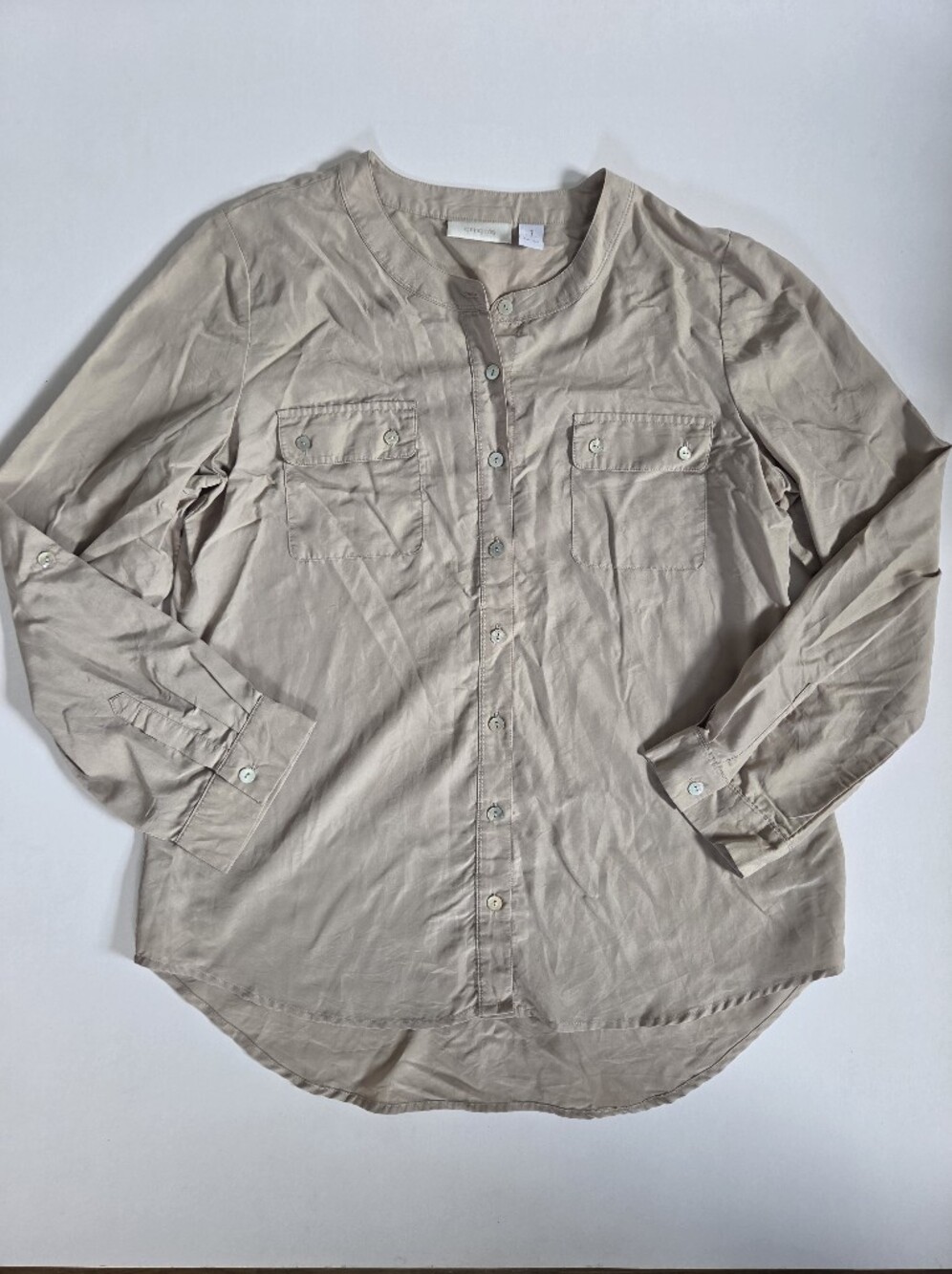 Chico's Modal collarless button-front utility shirt neutral beige size 1